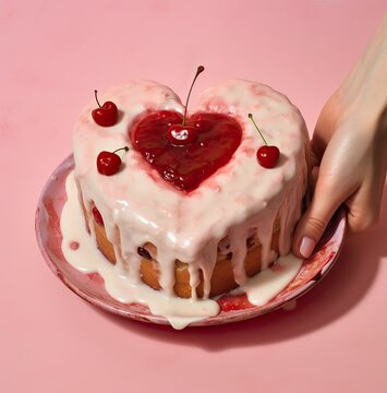 This romantic image of woman hand holding a plate of heart-shaped cake captures the joy of love and celebration, evoking the sweet indulgence of dessert, baking, and cream-filled pastries