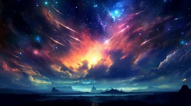 Lights in the night sky, Heavenly star falls: Captivating anime sky wallpaper in digital art style, Generative AI