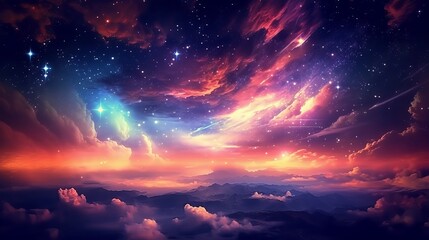 Naklejka premium Anime sky art wallpaper: Fantasy sky with beautiful star falls and dazzling flares - starry night digital art, Generative AI