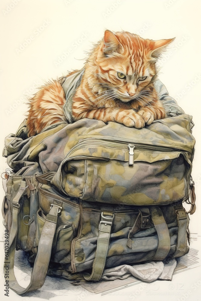 Poster a sketch of a cat with its head resting on top of a bag.
