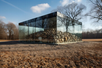 A glass house in a field of stones signifies the proverb 'People in glass houses shouldn't throw stones', highlighting the message of considering one's own vulnerabilities before criticizing others. - obrazy, fototapety, plakaty