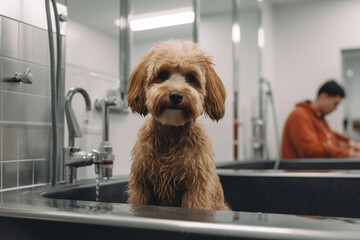 A dog is being groomed at a high-end pet salon, demonstrating the luxury pet grooming industry and the high level of care and attention in pet maintenance.