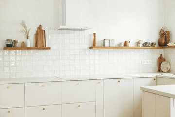 Modern minimal kitchen design. Stylish white kitchen cabinets with brass knobs, granite countertop,...