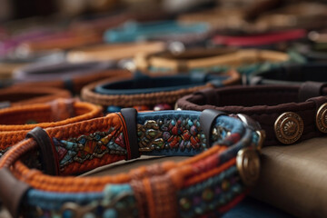 A detailed shot of handcrafted dog collars with unique designs and materials, symbolizing the boutique pet accessories market and the personalization of pet products.
