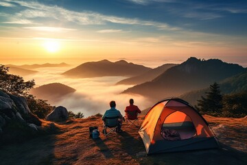 Fototapeta na wymiar group of friends camping at campsite with tent watching sunrise in mountains,Generative AI