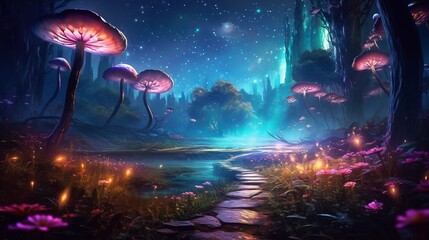 Journey to Pandora: Mesmerizing Bioluminescence and Crystals in a Hazy Night Sky 4K Wallpaper, Generative AI