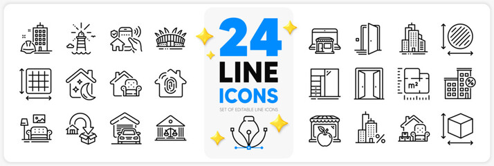 Icons set of Arena stadium, Loan house and Fingerprint access line icons pack for app with Moving service, Court building, Market thin outline icon. Garage, Sleep, Furniture pictogram. Vector