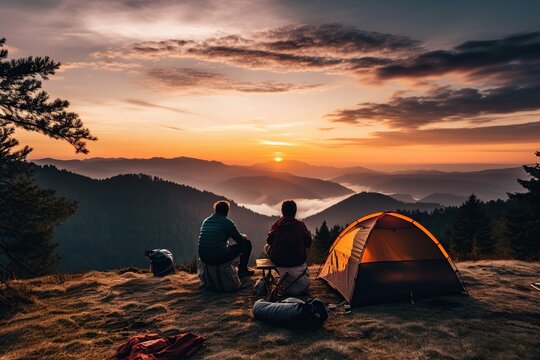 group of friends camping at campsite with tent watching sunrise in mountains,Generative AI