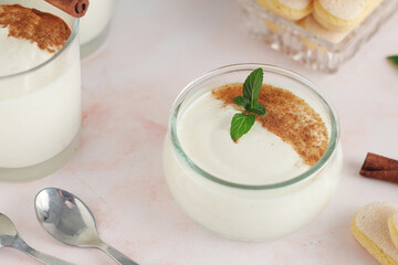 Glasses with traditional Italian dessert Zabaione made of eggs, sugar and wine