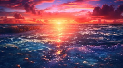 Fototapeta na wymiar Mesmerizing anime-style Maldives sunset: colorful ocean bliss - sunset over the sea, wallpaper, Generative AI