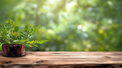 Empty rustic wooden table and trees leaves on a Sunny Day. 