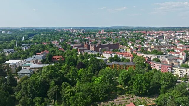 Drone shot of Gedenkst&auml;tte ROTER OCHSE Halle (Saale) , Germany . Roter Ochse ("The Red Ox", today JVA Halle I) is a prison in Halle (Saale)