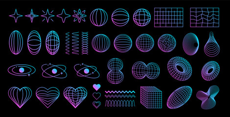 Set of gradient retro shapes, elements in Y2K futuristic aesthetics, abstract vector symbols and dimensional wireframes.