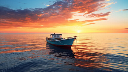 Fototapeta premium Boat in the beautiful sea at dawn. Beautiful view of the colorful sky