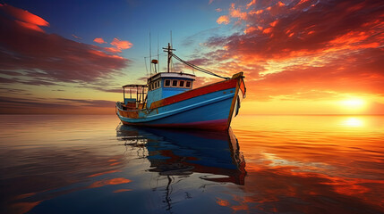 Boat in the beautiful sea at dawn. Beautiful view of the colorful sky