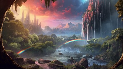 Fantasy anime landscape with rainbow waterfall - landscape with clouds and sun, wallpaper, Generative AI