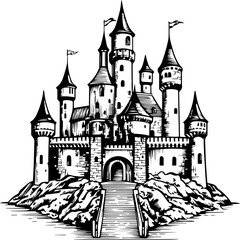 Illustration of a castle in engraving style.