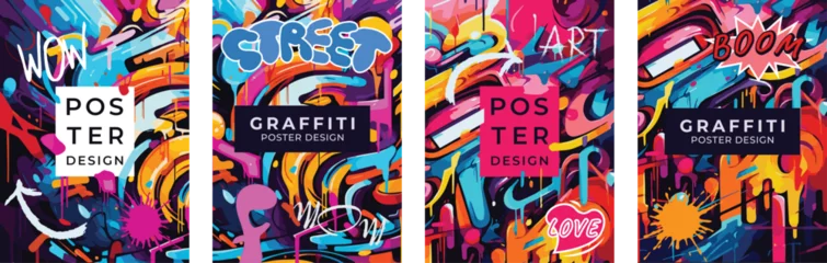 Rolgordijnen Set of posters in graffiti style. Vector drawing wall art, abstract lettering and blots. Poster, banner, flyer template. © Ivan