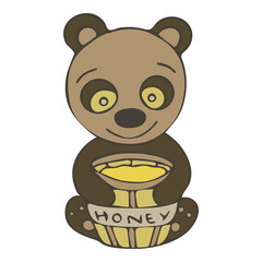 Cute Bear with Honey. Colorful Icon Illustration. Bear and a Barrel of Honey in Flat Cartoon Style Isolated on White Background. Brown Teddy Bear Logo.