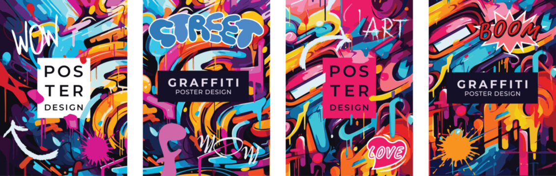 Fototapeta Set of posters in graffiti style. Vector drawing wall art, abstract lettering and blots. Poster, banner, flyer template.