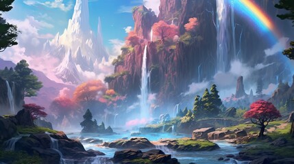 Fototapeta na wymiar Fantasy anime landscape with rainbow waterfall - rainbow over water, wallpaper, Generative AI