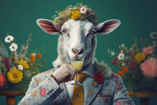 An illustration of a sheep with flowers on the in a colorful suit holding a glass of juice against a monochrome background, creating a contrast between elegance and unconventionality. Generative Ai. 