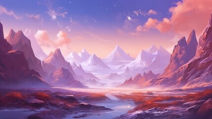 Obraz premium Sunset in the mountains - The gleaming sands: A fantastical landscape of purple crystal among sandy glaciers, wallpaper, Generative AI