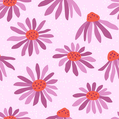 Seamless pattern with echinacea flowers on pink background. Hand drawn vector illustration. Texture for print, fabric, textile. - obrazy, fototapety, plakaty