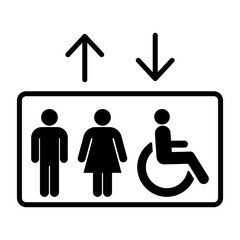 Elevator lift icon man, woman, invalid and arrows up down icons. Elevator, lift icons. Exit icon