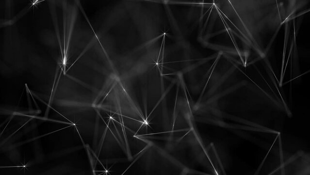 Abstract black and white plexus background with glowing shiny connecting lines and dots or nodes. Digital data network connections concept. This modern technology video is full HD and a seamless loop.
