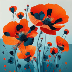 Beautiful poppy field in bright sunlight. Field of wild flowers. The concept of hot summer days, the approach of summer. Blue and teal background.