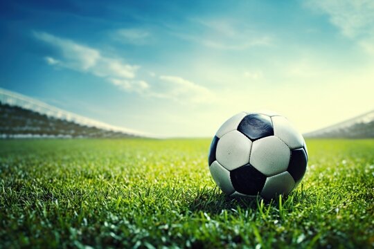  Super realistic photo of a new soccer ball on the grass of a soccer stadium at sunset,Generative AI