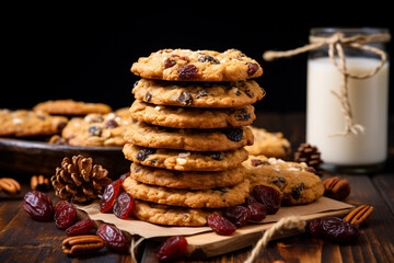 Chocolate cookies on wooden stack of hearty and chewy cookies, studded with plump raisins and hints of cinnamon table closeup on dark background Generative AI