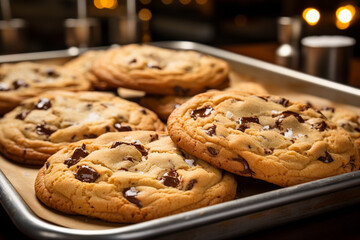Chocolate cookies on wooden table closeup on dark background Generative AI