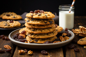 Chocolate cookies on wooden stack of hearty and chewy cookies, studded with plump raisins and hints of cinnamon next to a glass of cold milk closeup on dark background Generative AI