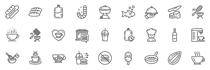 Fototapeta na wymiar Icons pack as Refill water, Cooler bottle and Coffee machine line icons for app include Grill pan, Fish, Hotdog outline thin icon web set. Brandy bottle, Almond nut, Cooking whisk pictogram. Vector