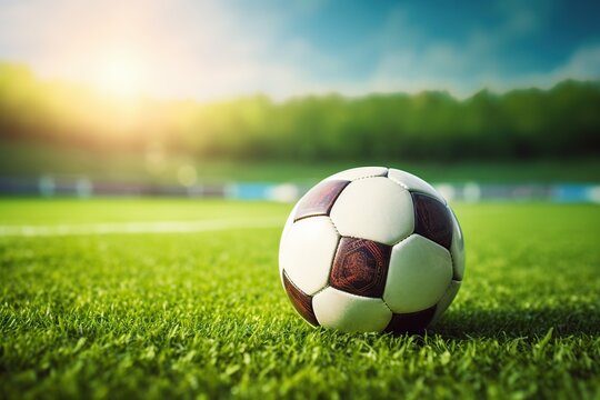 Super realistic photo of a new soccer ball on the grass of a soccer stadium at sunset,Generative AI