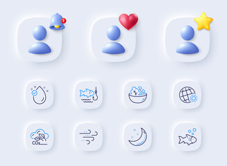 Fish, World weather and Co2 gas line icons. Placeholder with 3d bell, star, heart. Pack of Vitamin e, Fishing, Salad icon. Moon stars, Windy weather pictogram. For web app, printing. Vector