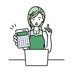 a woman in dress recommending, proposing, showing estimates and pointing a calculator with a smile in front of laptop pc