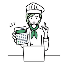 a woman cook recommending, proposing, showing estimates and pointing a calculator with a smile in front of laptop pc
