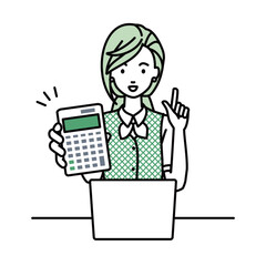 a woman in clerical uniform recommending, proposing, showing estimates and pointing a calculator with a smile in front of laptop pc