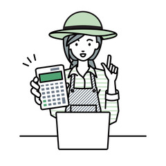 a farmer woman recommending, proposing, showing estimates and pointing a calculator with a smile in front of laptop pc