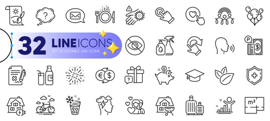 Outline set of Food, Money exchange and Floor plan line icons for web with Organic product, Question mark, Rotation gesture thin icon. Mindfulness stress, Bike rental, Balloons pictogram icon. Vector