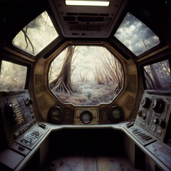 wooden spaceship bridge interior trees scifi film 1990s film movie still 35mm gigapixel film grain 