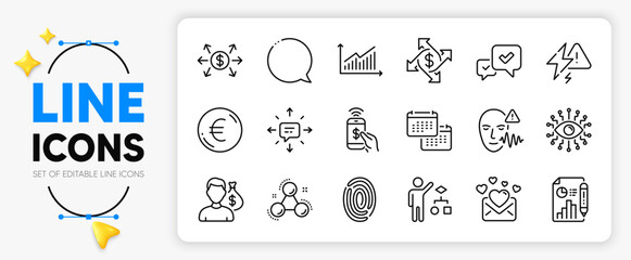 Fingerprint, Algorithm and Euro money line icons set for app include Artificial intelligence, Chemistry molecule, Love mail outline thin icon. Calendar, Salary, Lightning bolt pictogram icon. Vector