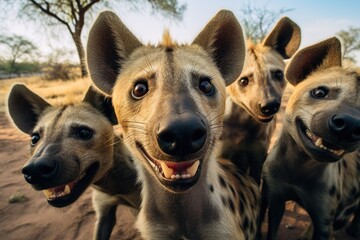 Group of funny Hyena making selfie standing upright and looking attentively at the camera,Generative AI