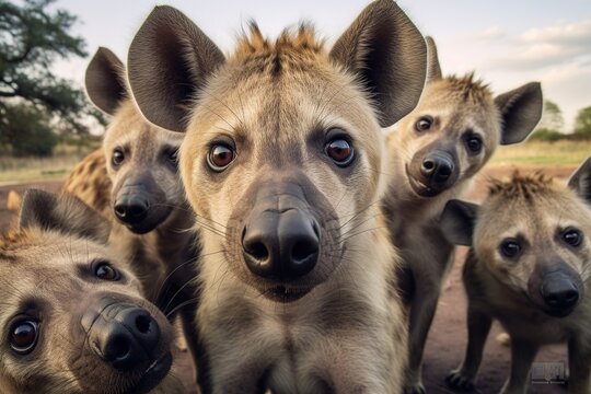 Group of funny Hyena making selfie standing upright and looking attentively at the camera,Generative AI