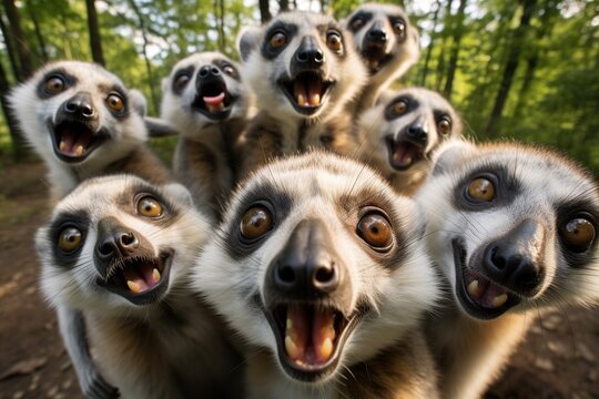 Group of funny Lemur making selfie standing upright and looking attentively at the camera,Generative AI