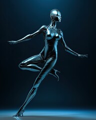 Fototapeta na wymiar Female Humanoid Ballet Dancer in Pose Feminine Android Busting Some Moves Female Robot Raving Feminine Cyborg Stance