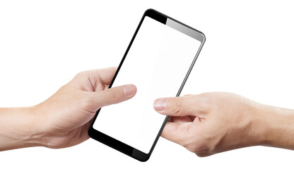 Hands sharing black smartphone, cut out